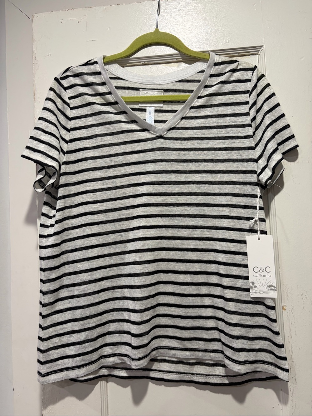 C&C California White and Black Striped V-Neck Tee